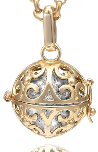 Morella Collar de Acero Inoxidable Dorado 70 cm con Colgante Dorado Ornamento y Bola de resonancia de circonita de Color Blanco Ø 16 mm para Damas en Bolsa para Joyas