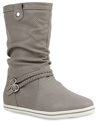 stiefelparadies Damen Flache Schlupfstiefel Boots 104092 Hellgrau 39 Flandell
