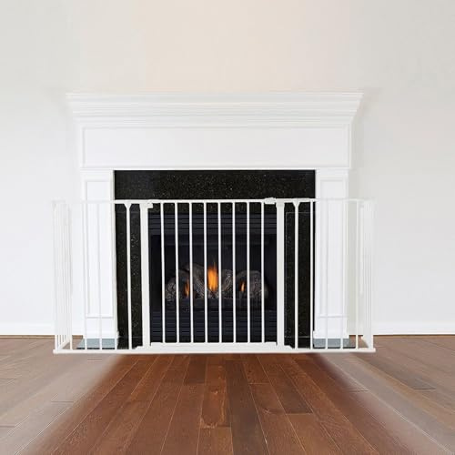 Safetots Barrière de sécurité Enfant de Protection de cheminée avec Porte Profondeur de 46cm x Largeur de 164cm, Blanc, Sécurité des Enfants et des Animaux Domestiques face au Feu, Installation Facile