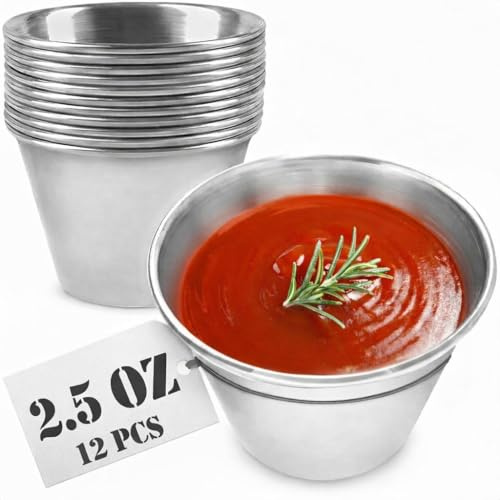 12 Pcs Dipping Sauce Cups - 2.5 Oz Metal Ramekins with Stackable Design, Sauce Ramekins 2.3 Diameter - Portion Control Stainless Steel Condiment Cups for Hot & Cold Sauces, Charcuterie, Table Serving