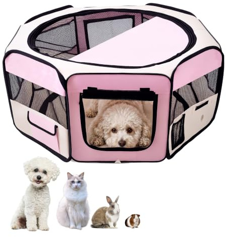 PawHut 600D Oxford Soft Fabric Kennel, Portable Lightweight Cat Dog Playpen, Foldable Pet Puppy Rabbit Guinea Pig Pen Run Dia 90 x 41H cm Indoor & Outdoor Pink