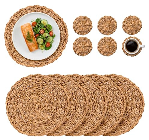 Argon Tableware Round Placemats & Coasters - 12pc - Woven Seagrass Kitchen Dining Table Mats Bar Drinks Coaster Protector Place Mats for Home, Restaurant Catering