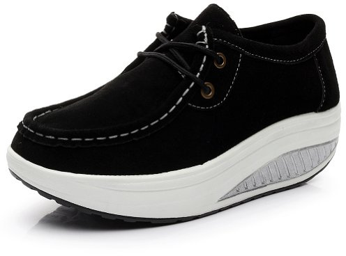 rismart Mujer Plataforma Calzo Aptitud para Caminar Beige Ante Cuero Entrenadores Zapatos Negro 36 EU