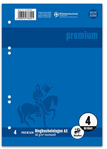 Staufen Premium Ringbucheinlagen - DIN A5, Lineatur 4 (9mm liniert), 50 Blatt, 6-fach Lochung, 90g/m² Premium Papier, 1 Stück