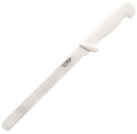 Hygiplas Serrated Slicer White 24.8cm - Strong and Durable Stainless Steel Blade Kitchen Knife for Bakery and Dairy C883