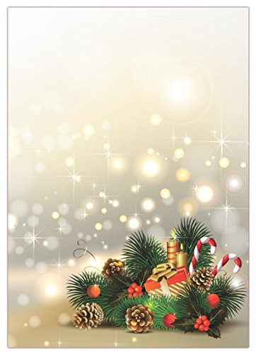 Motiv Briefpapier (Weihnachten-5054, DIN A4, 25 Blatt). Einseitig bedrucktes Briefpapier, sehr gut beschreibbar, für alle Drucker/Kopierer geeignet, Motivpapier mit Weihnachtsgesteck, Kerzen, Geschenk, Tannenzweige Tannenzapfen Misteln Kugeln Zuckerstangen goldene Sterne