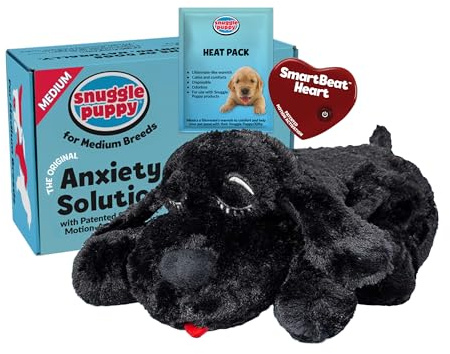 Snuggle Puppy Heartbeat Dog Toy for Puppies, Real-Feel Heartbeat, Calming Sleep Aid and Crate Training Comfort Toy with Heat Pack, Black Plush Design