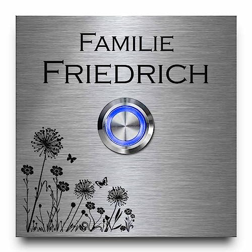 Wetterfeste Edelstahl Türklingel mit personalisierter Gravur - Klingel Modell Friedrich ab 8x8 cm | Klingelschild für die Hautür - Optional mit diversem Zubehör