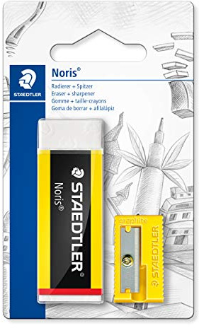 STAEDTLER Noris 526 N Set de Goma de Borrar con Sacapuntas para Niños – Blíster de 2 Piezas, Papelería Escolar, Resultados Limpios, sin Ftalatos ni Látex - 526 N-S1BK