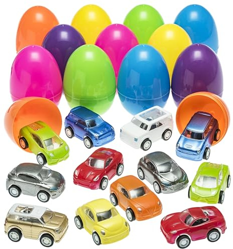 PREXTEX 12-Pack Stuffed Easter Eggs Toy with Mini Pull-Back Toy Car Inside - Easter Basket Stuffers and Fillers - Plastic Toy Gifts and Presents for Girls, Boys, Kids, Toddlers