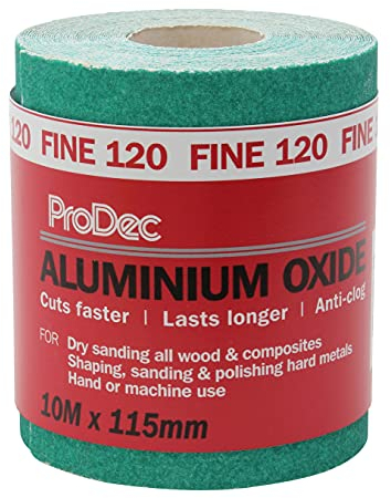 ProDec Rollo de 10 m de papel de lija abrasivo de óxido de aluminio verde de grano fino 120 para lijar madera, pintura, yeso, masilla, metal y más, 115 mm de ancho, compatible con lijadoras a máquina