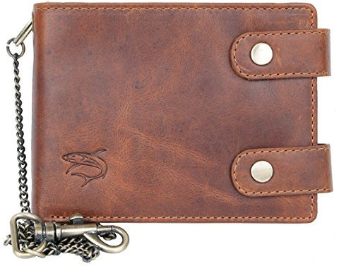 FLW Portafoglio biker in solo vera pelle naturale con squalo con catena in metallo