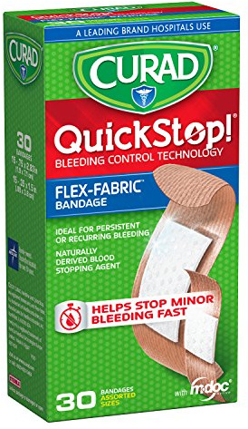 CURAD QuickStop Bleeding Control Flexible Fabric Bandages, Assorted Sizes, 30 Count
