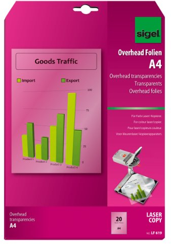 SIGEL LF619 OHP-Folien / Overheadfolien für Farb-Laserdrucker / Farbkopierer A4, 20 Blatt