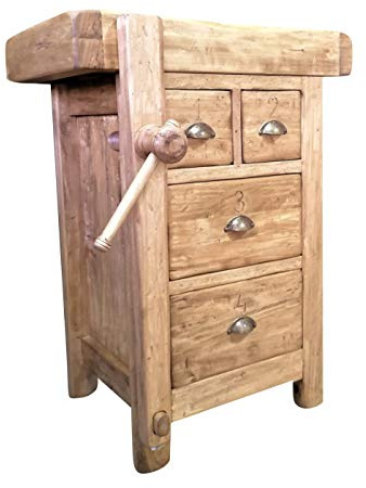 Biscottini Banco Tavolo da lavoro Country in legno massello di tiglio finitura naturale anticata L 64 x PR 57 x H 82 cm Made in Italy, fedele riproduzione di un antico ed originale Banco da Falegname