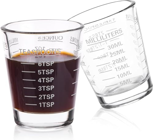 Shot Glasses Measuring Cup Round Liquid Heavy Glass Espresso Shot Glass 1 OZ 4 Features 30ML (2Pack-White)