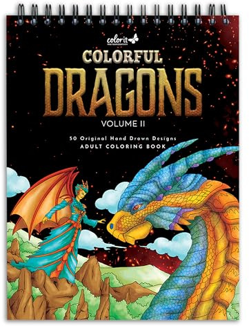 ColorIt Colorful Dragons Adult Coloring Book for Women, Volume II - 50 Single-Sided Designs, Thick Smooth Paper, Lay Flat Hardback Covers, Spiral Bound, Dragon Coloring Pages