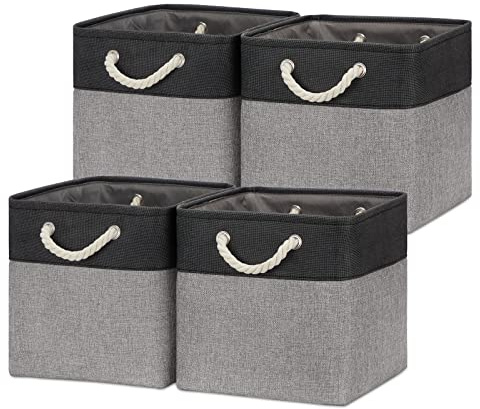 Temary 12 Inch Cube Storage Baskets 4 Pack Fabric Storage Bin for Clothes, Large Baskets with Handles, Basket for Organizing Towels, Blankets, Collapsible Cube Storage Bins (Black&Gray)