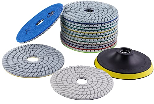 Diamant-Nass-Polierpads-Set, 12,7 cm, 15 Stück Pads für Granit, Stein, Beton, Marmor, Bodenschleifer oder Polierer, 50#-6000# mit Klettverschluss-Halter-Pads für Nasspolitur
