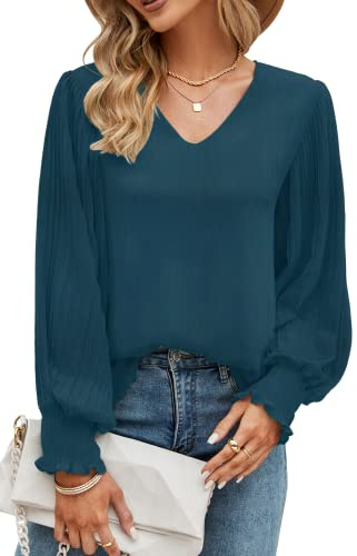 Odosalii Women's Blouses & Shirts Sexy V-Neck Tops Chic Long Sleeve Shirts Comfy Chiffon Tops Oversized Solid Color Lantern Sleeve Jumper for Daily Life Deep Teal