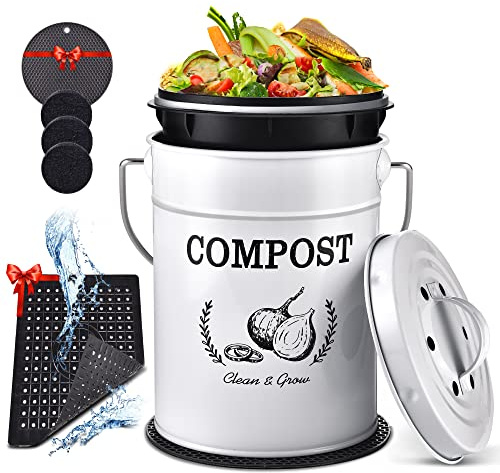 AOSION Kök kompostfack, 1,0 gallon inomhus kompostbehållare med lock, komposthink bänkskiva komposterbehållare med 3 st kolfilter, halkfri matta, dräneringsmatta, vit