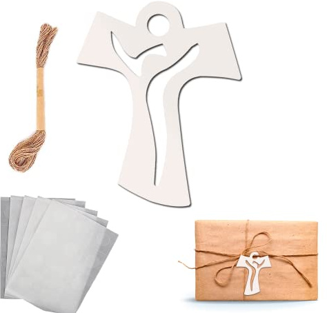 60 Pz Croce Legno Tao Bianca per Decorazioni Bomboniere Prima Comunione Battesimo Cresima Matrimonio 12 Mt Corda di Lino Biadesivo - Decorazione Addobbi Sacchetti Scatoline Portaconfetti Bomboniere