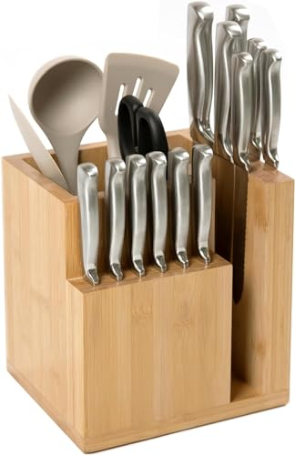 KitchenEdge Ceppo magnetico in bambù e porta utensili da cucina, elegante contenitore per coltelli da chef, coltelli da bistecca, spatole, forbici, piedini in gomma antiscivolo, facile da pulire