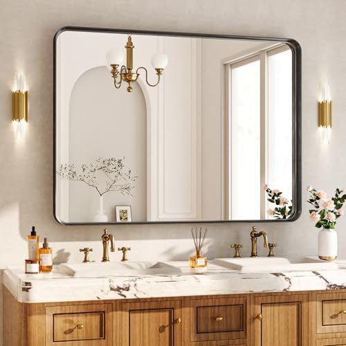 Koonmi Tiefer Rahmen Wandspiegel, 122 x 75 cm Luxus High-End Rechteckiger Badezimmerspiegel, Filetierte Ecke Rahmen Spiegel Horizontal Oder Vertikal Aufgehängt, Schwarz