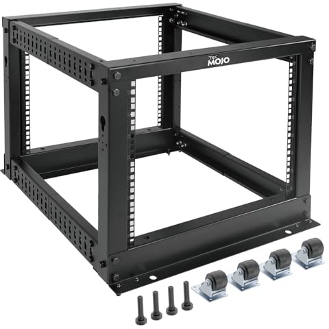 Tecmojo 8U Serverställ med öppen ram, 4-posts nätverksserverställ, justerbar djup ramställ, nätverkshylla med hjul, rullställ för dator/data/AV/IT-utrustning/nätverksutrustning, mobiltyp