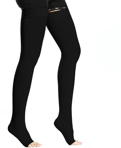 BellaAchtung Chaussettes de compression médicales pour homme et femme 20-30 mmHg - Soutien gradué - Bas de cuisse - Chaussettes de compression œdèmes - Sans pied - Avec bande en silicone, Noir , L