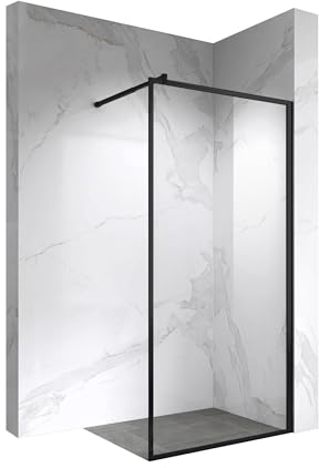MOMENTS OF GLASS Duschabtrennung Walk In Gianna 80x200 cm Duschwand Dusche 8mm STARK aus DURCHSICHTIGEM NANO ESG Sicherheitsglas, Rahmen aus schwarzem Aluminium und Stabilisationsstange in Schwarz