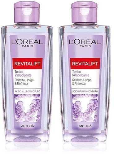 L'Oréal Paris Tonico Rimpolpante Revitalift Filler, Azione Detergente Anti-Età con Acido Ialuronico Puro, 200 ml (Confezione da 2)
