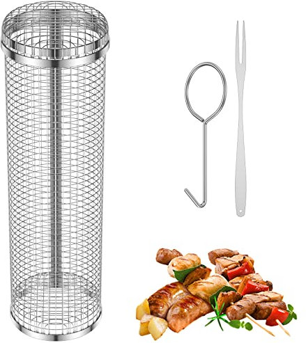 Caffney BBQ Net Tube 11.81inch 304 Stainless Steel Rolling Grilling Basket with Fork and Hook Round Barbecue Mesh Basket Sturdy Mesh Cylinder Grilling Tool Vegetable Chip Meat Basket Tower HHD