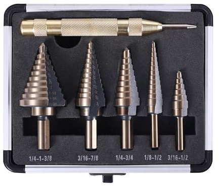 Witwocky Step Drill Bits, 6PCS (50 Sizes) HSS Step Unibit Drill Bit Set with Auto Center Punch Black and Gold, Double Cutting Blades HSS Drill with Aluminum Case, Multi-Hole Stepped Up Bits for DIY