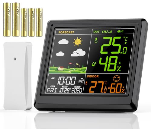Station Météo Interieur Exterieur Sans Fil, Prévisions Météoro, Affichage de la Température et de l'humidité l'air Couleur, Avec Ecran LCD Couleur Rétro-Éclairé, Prévisions Météo, Horloge Numérique