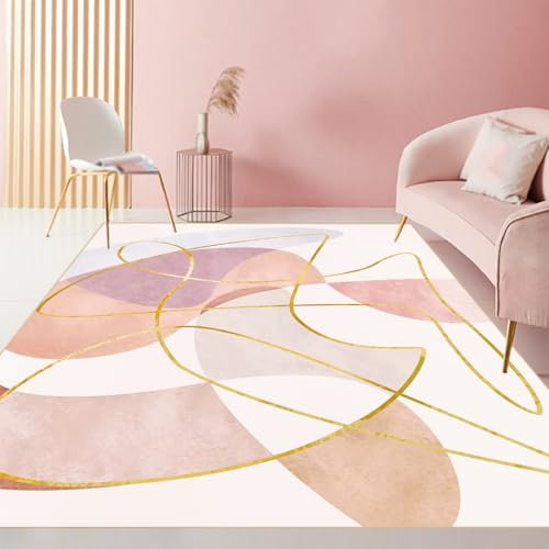 REDTAPISE Große Teppiche Wohnzimmer 200 x 300 cm, Rosa Golden Gelb Orange Creme Weiß Modernes Geometrisches Design, Weicher Kurzflor, Waschbar, rutschfeste Teppiche Schlafzimmer Dekorationen,