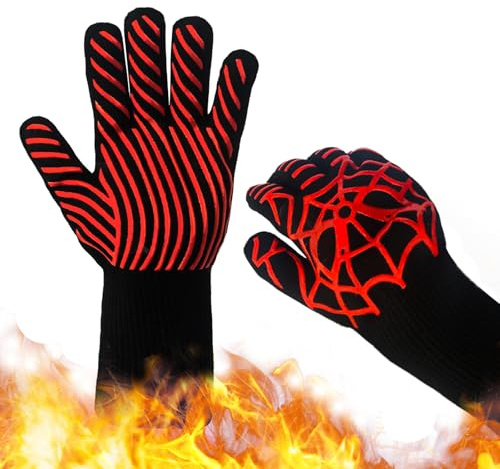 1 Pair BBQ Gloves, 800 ℃ / 1472 ℉ Heat Resistant Silicone Oven Mitts with Cotton Loops for Hanging, Non-Slip Grilling Gloves for Cooking, Barbecue, Grilling, Baking (Red)