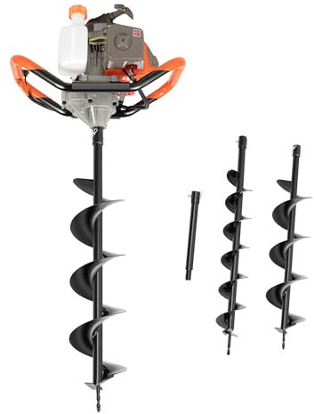71cc 2-Stroke Earth Auger 2300W Augers & Posthole Diggers 0-300rpm Fence Post Auger 1L Fence Post Hole Borer with 3 Drill Bits Diameter (100, 150, 200mm) 30.5cm Extension