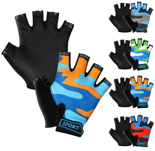 AMFUN Gants de Vélo sans Doigts pour Enfant,9x13.5cm Gants de Cyclisme pour Enfant 6-12 Ans, Antidérapant et Respirant pour Cyclisme Escalade Scooter Randonnée (Camouflage Orange)
