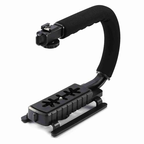 Black Super Grip Camera Stabilizing Handle | Steady - Cam for DSLR/DV Camcorder | Shockproof ABS Plastic with Secure Rubber Rails | Hot Shoe Mount for Illumination & Microphones