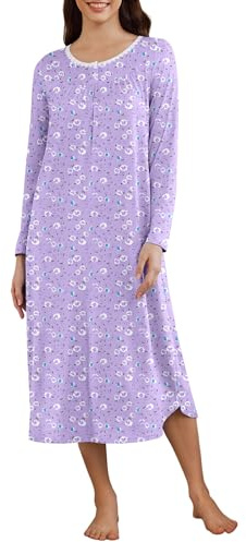 Ekouaer Women Nightgowns Long Sleeve Sleepshirt Soft Sleepwear House Dresses with Pockets Purple Flower L