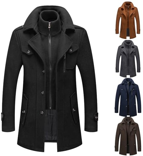 Gabardina para hombre de 3/4 de longitud gruesa acolchada chaqueta de invierno de un solo botonadura en tela de mezcla de lana, abrigo cálido a prueba de viento, ropa de abrigo informal de negocios