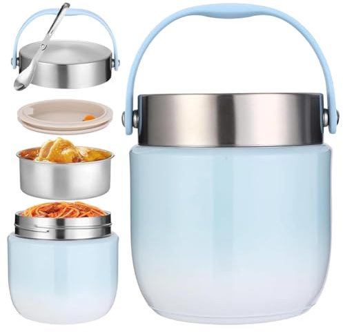 Récipient isotherme pour aliments - 1200 ml - En acier inoxydable - Avec couvercle - Avec cuillère pliable - Anti-fuite et isolé - Pour enfants et adultes - Pour soupes, porridge - Bleu