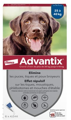 Advantix Grand Chien entre 25 et 40 kg – Pipettes pour chien contre 6 parasites – Traitement et protection pour votre chien pendant 4 semaines – 6 x 4,0 ml