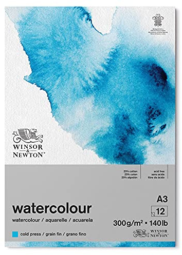Winsor and Newton Watercolour Paper Pad, A3, 12 Sheets, 300 g/m�, Glue Bound, Cold Pressed, Acid , Mixture of 25 Percent Cotton and Cellulose Fibres, Natural White