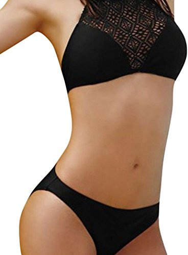 DAY8 Maillot de Bain 2 Pièces Femme Push Up Grande Taille Shorty Sexy Bandeau Pas Cher Dentelle Tankini Bikini de Plage Bustier Retro Vintage Bohème Beachwear Brassiere Triangle Taille Bas (M, Noir)