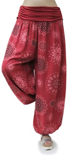 Gloop Damen Pumphose Haremhose Freizeithose Sommerhose Hose in Blumen Muster oder UniFarben HS201710, Bordeaux 13024a25.1, M/L