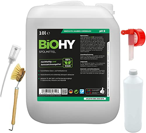 BiOHY BIOHY Juego de detergente para lavavajillas de 10 litros + accesorios, detergente, grifo de desagüe, dosificador, recipiente mezclador, cepillo para lavar platos, detergente ecológico para una