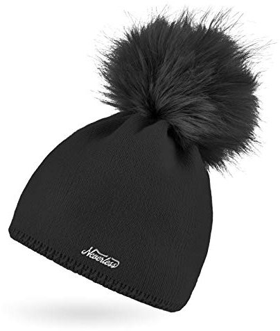 Neverless® Damen Strickmütze Strick-Beanie mit Bommel Winter-Mütze Bommelmütze Feinstrick schwarz