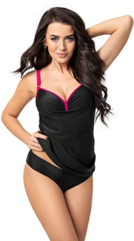 Selente My Secret T7223 Tankini Femme avec Armatures Grande Taille, Balconnet Noir/Fuchsia, 42